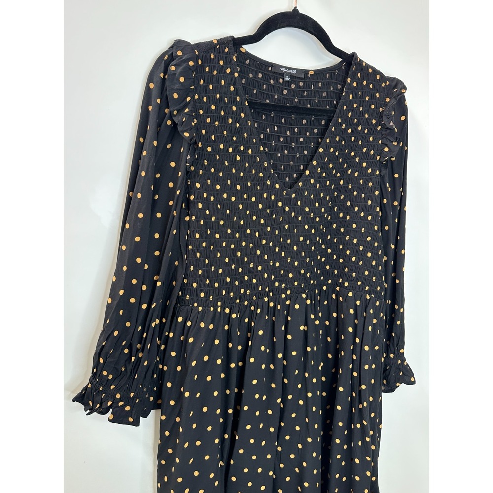 Madewell Lucie V-Neck Smocked Mini Dress Oval Dot Black Tan ND043 Size Medium - Picture 4 of 16